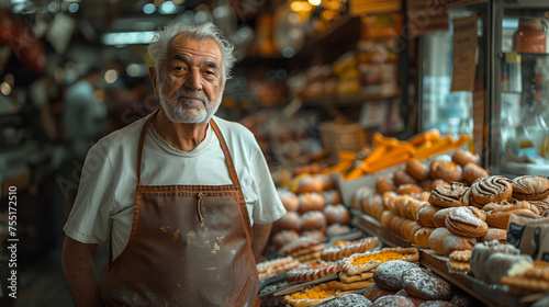man with a white shirt and apron stands in front of a stand. He is smiling and he is happy. A crazy man opened a delicatessen, breakfast products are sold in the deli, wearing a white apron