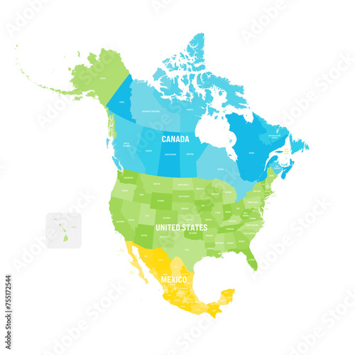 Political map of North American countries Canada, United States of America and Mexico with administrative divisions. Colorful blank map. Vector illustration