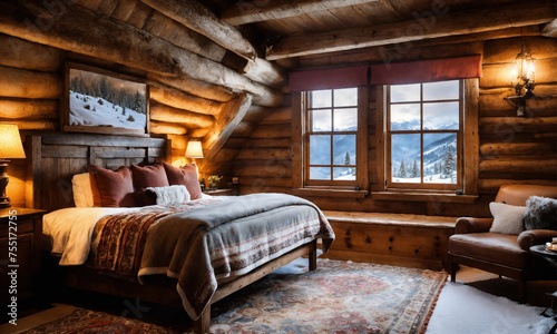 A cozy bedroom with a large window framing a majestic winter mountain range, cozy warm bedding and plush pillows