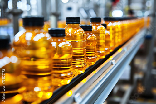 Rows of amber-colored bottles on a production line reflect the efficiency of mass production  possibly containing juice or oil  suggesting industry and automation.