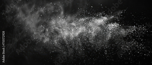 Depicting a dramatic scene, the image shows a powerful flow of particles in monochromatic black and white, suggesting movement and transition
