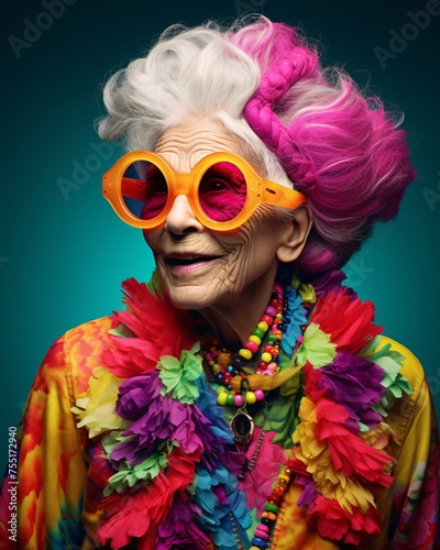 an older woman in colorful with sunglasses