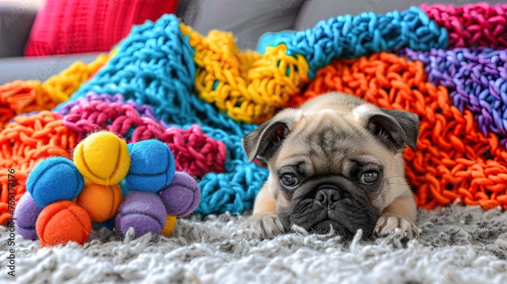 Pug Dog Laying on Blanket With Toy