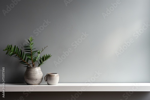 Clean and modern setting featuring an empty white shelf on a monochromatic grey wall, ideal for product mock up display © neirfy