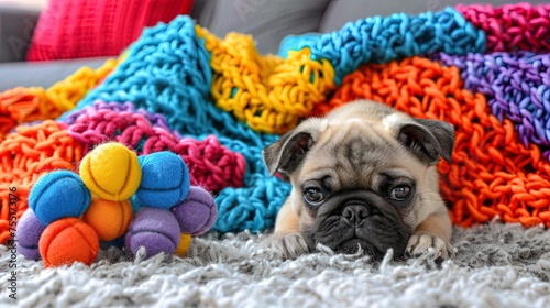 Pug Dog Laying on Blanket With Toy