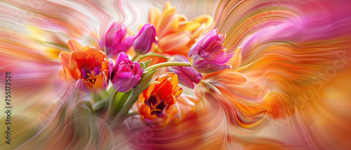 A digital artwork of tulips in a vibrant, flowy and abstract rendering emphasizing movement and color #755173528