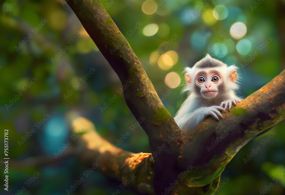 Mała slodka małpka wpatrująca się w leśne życie pod soba, piękne duże oczy. - obrazy, fototapety, plakaty 