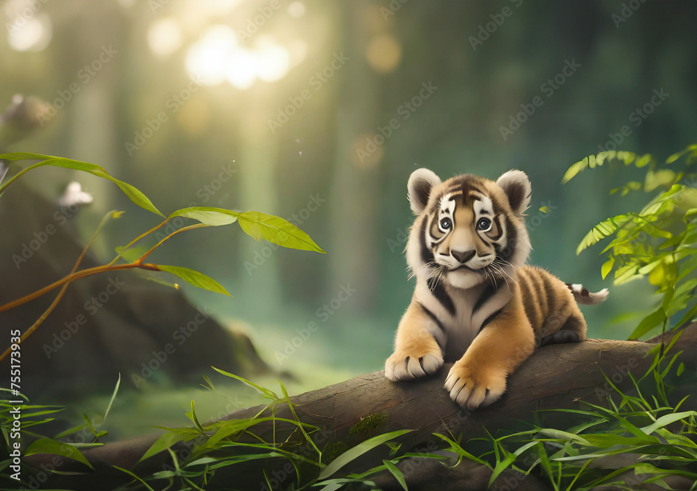 Słodki mały tygrys odpoczywający na gałęzi - obrazy, fototapety, plakaty 