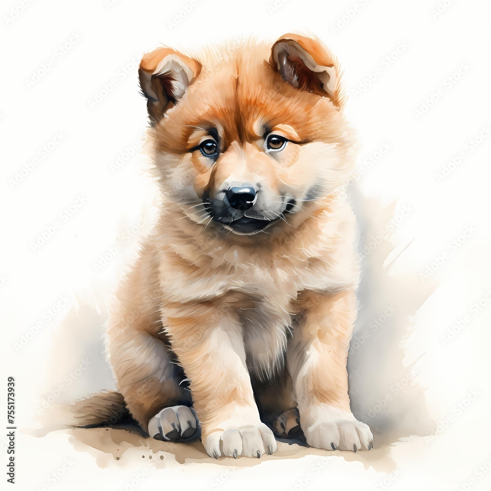 Japanese Akita dog. Akita inu, akita-ken. Puppy dog clipart. Watercolor illustration. Generative AI. Detailed illustration.