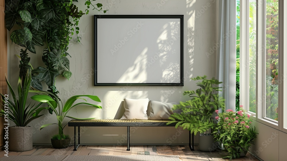 a living room with a couch and a large picture frame on the wall a living room with a couch and a large picture frame on the wall