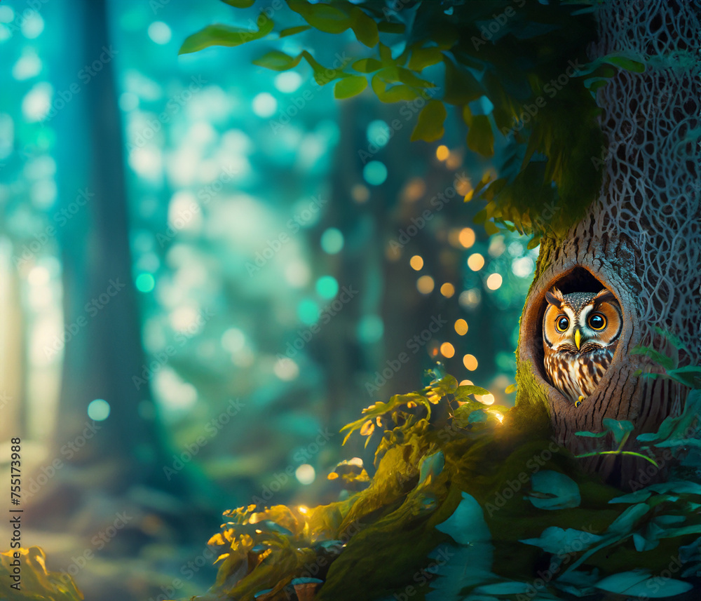 Cute animals OWL in the magic forest