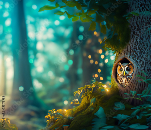 Obraz na płótnie Cute animals OWL in the magic forest w salonie