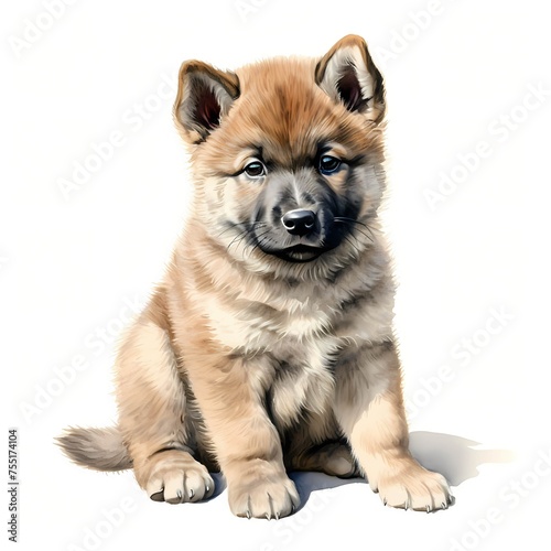 Japanese Akita dog. Akita inu, akita-ken. Puppy dog clipart. Watercolor illustration. Generative AI. Detailed illustration.