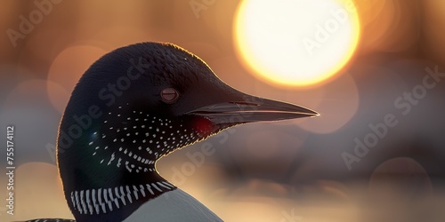 A loon displays its beak in photorealistic detail against a sky pinked by the setting sun. Close-up of a common loon under the magical touch of the twilight sun in tonal reproduction. photo
