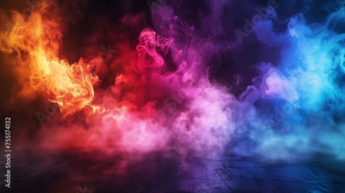 Electric, multicolored smoke explosions against a dark void, with dynamic ground lighting.