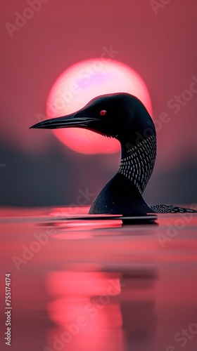 A loon displays its beak in photorealistic detail against a sky pinked by the setting sun. Close-up of a common loon under the magical touch of the twilight sun in tonal reproduction. photo