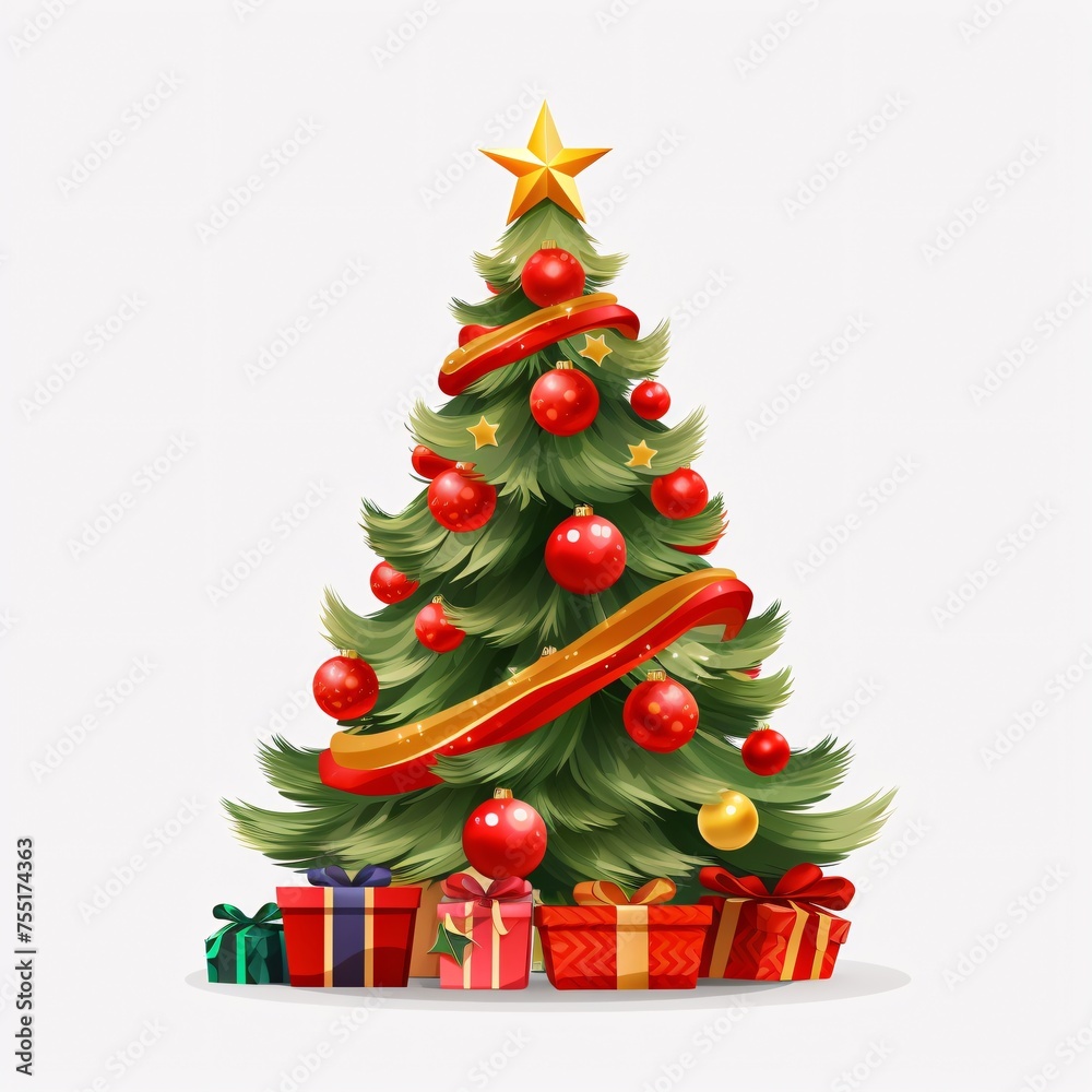 illustration of Christmas tree with gifts on white background