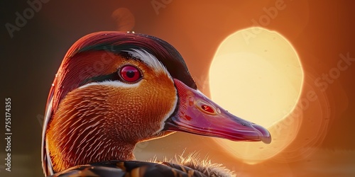 A mandarin duck displays its beak in photorealistic detail against a sky pinked by the setting sun. Close-up of a Mandarin duck under the magical touch of the twilight sun in tonal reproduction. photo