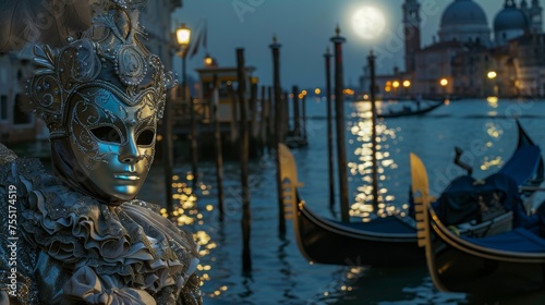 Elegant Venetian carnival scene with mysterious masked figures in traditional costumes, under moonlight on a canal with gondolas and historical architecture. © furyon