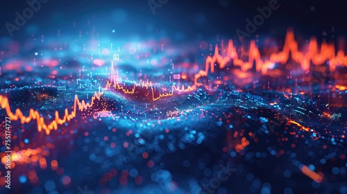 red candlestick pattern charts, trading analysis, stock market, abstract digital background with glowing particles. Futuristic wave with depth of field and bokeh. generative AI photo