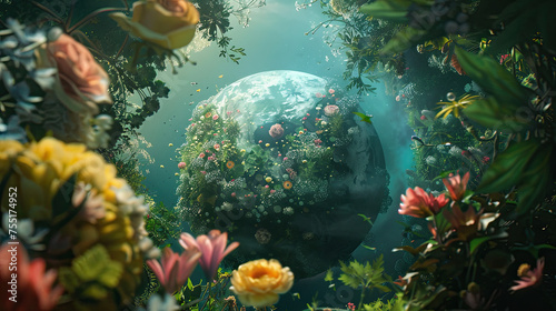 A captivating fantasy scene depicting an ethereal moon garden surrounded by lush floral life, resonating with mystery and enchantment