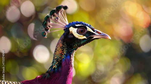A peacock displays its beak in photorealistic detail against a sky pink by the setting sun. Close-up of a peacock under the magical touch of the twilight sun in tonal reproduction.
