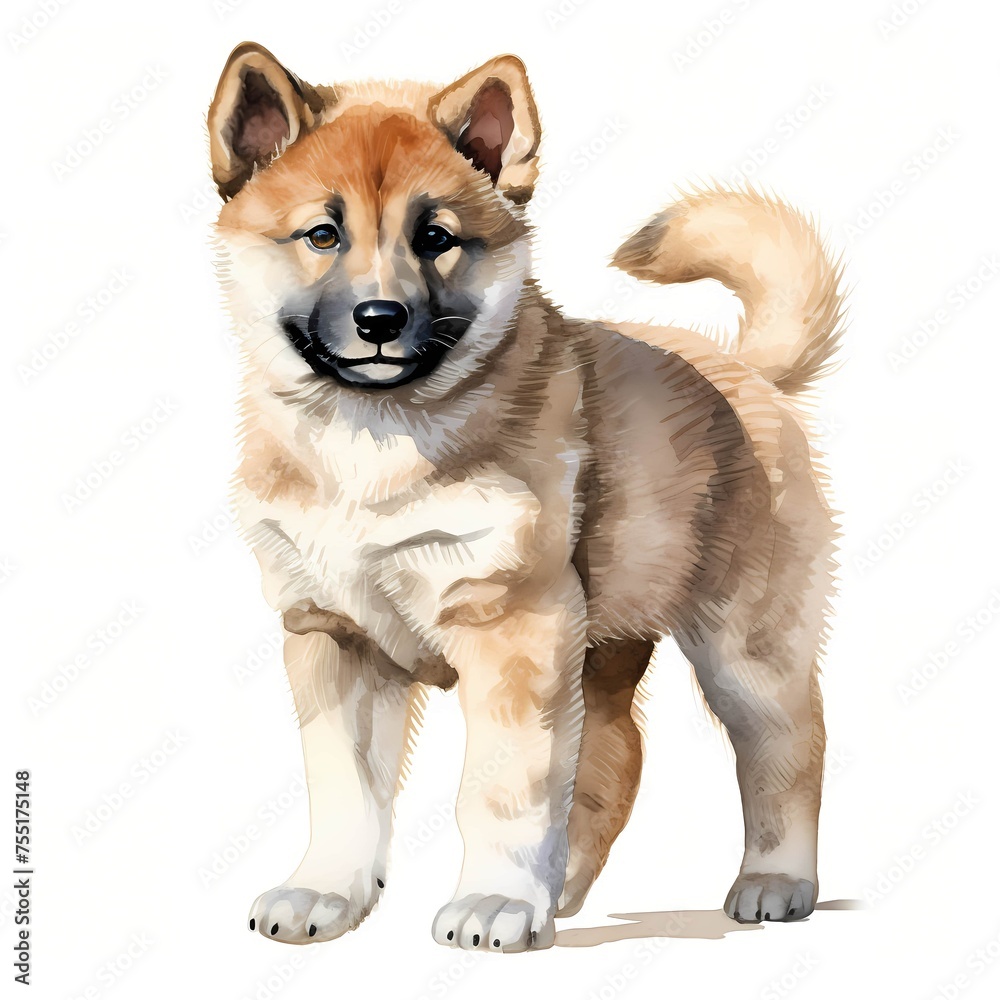 American Akita. Puppy dog clipart. Watercolor illustration. Generative AI. Detailed illustration.