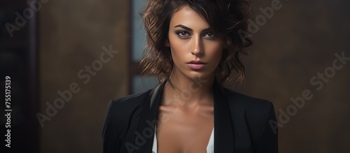 A portrait of a styled professional model wearing a black jacket and white shirt. The woman exudes confidence and sophistication in her trendy attire, perfect for a modern and stylish look.