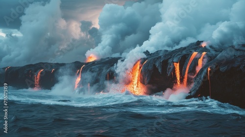 Fiery lava flow entering the ocean, creating a dramatic steam explosion and natural landscape.