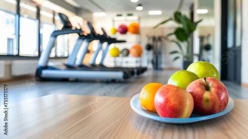 Fitness and wellness concept with gym equipment and healthy food, emphasizing a balanced lifestyle.