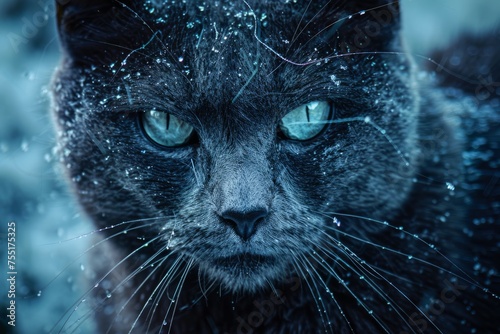 The stray cat in winter, frozen in time, captured by the silver frost raw, untamed, and inky blue unyielding force of a cold, icy blizzard photo