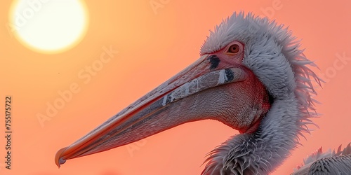 A pelican displays its beak in photorealistic detail against a sky pink by the setting sun. Close-up of a pelican under the magical touch of the twilight sun in tonal reproduction. photo