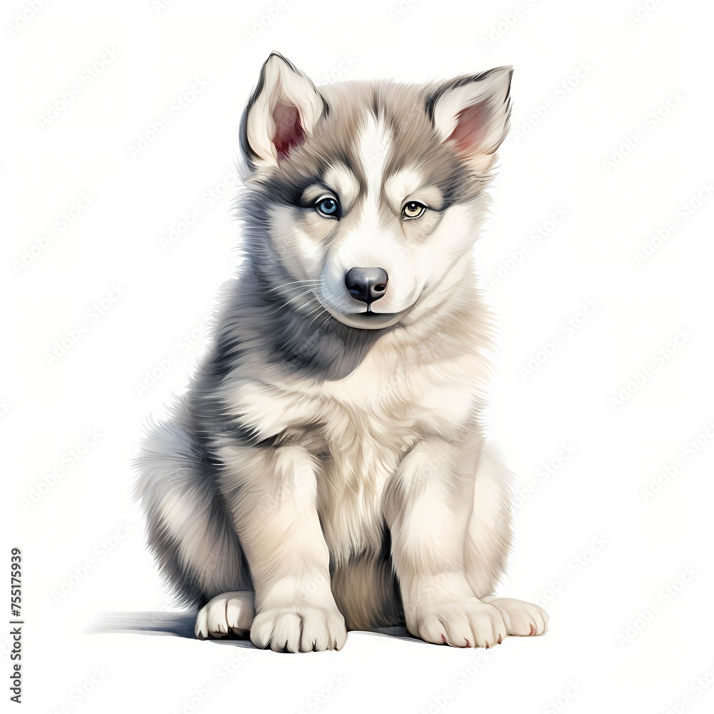 Alaskan Malamute. Puppy dog clipart. Watercolor illustration. Generative AI. Detailed illustration.