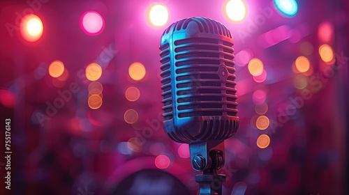 vintage microphone on purple spot lighting background, live music or podcast wide banner, Retro microphone on stage with colorful bokeh background. Music concept. generative AI