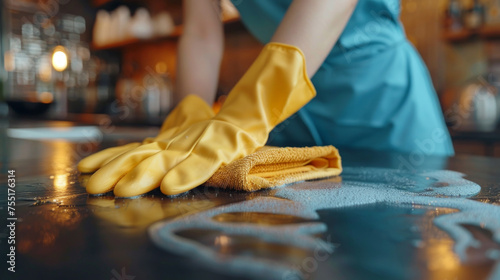 donna che pulisce con i guanti, in primo piano, casalinga che lucida il piano del tavolo con spugna e panni, pulizia professionale, photo