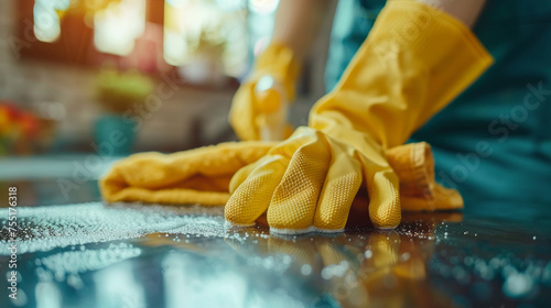 donna che pulisce con i guanti, in primo piano, casalinga che lucida il piano del tavolo con spugna e panni, pulizia professionale, photo