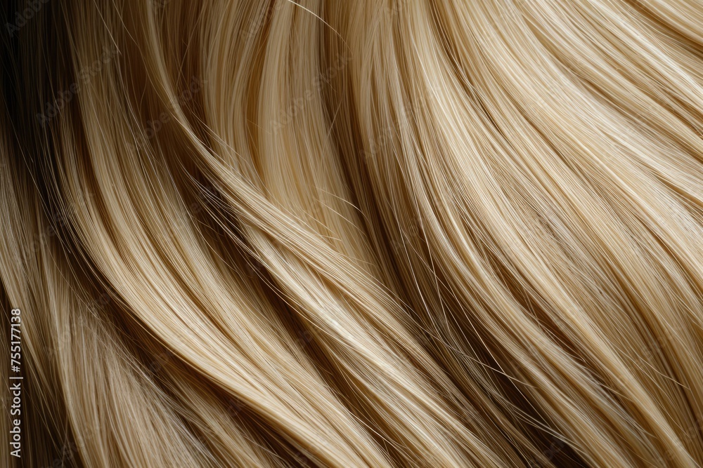 Naklejka premium Blonde strands of hair background, healthy and shining. Close-up texture of wavy human blonde hair.
