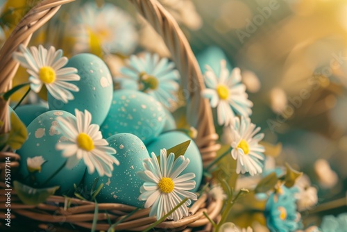 A beautiful basket filled with blue Easter eggs and daisies, showcasing the vibrant colors of nature with its delicate petals and foliage