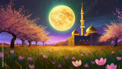 mosque with supermoon and night sky background photo