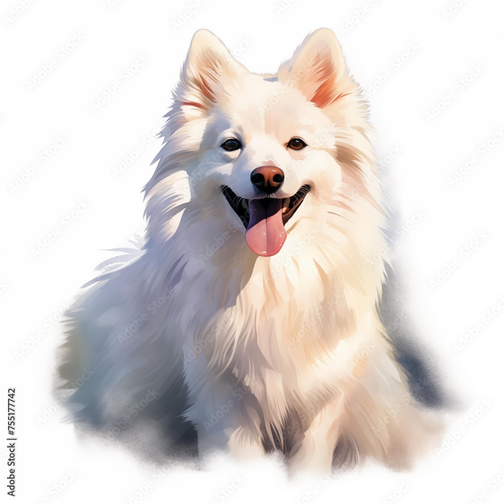 American eskimo dog. Eskimo dog clipart. Watercolor illustration. Generative AI. Detailed illustration.