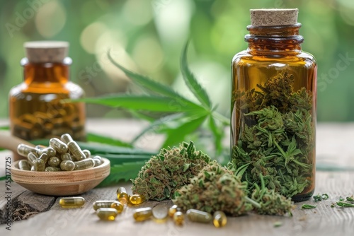 Medicinal hemp. Bottles with pills, herbal capsules and dried cannabis hemp buds with marijuana leaves. Medical marijuana products for health and wellness