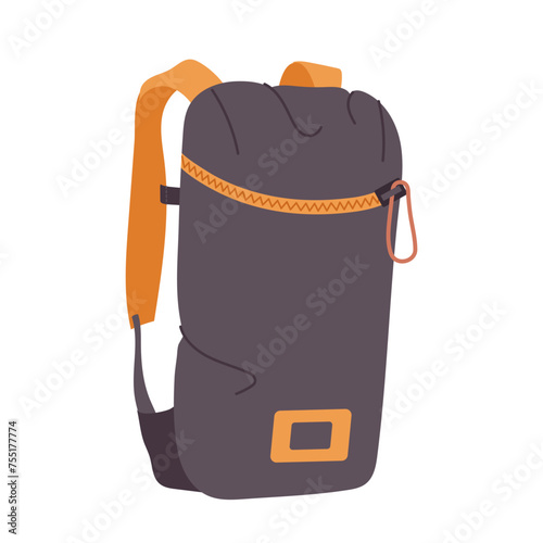 Comfortable backpack with folded mattress, warm blanket and sleeping bed for rest isolated on white