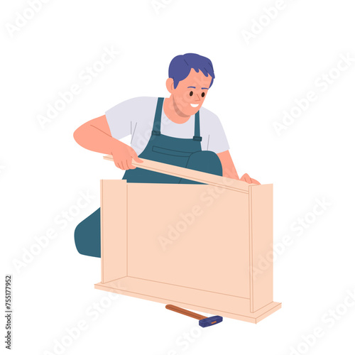 Man master cartoon character fixing wooden pieces of cabinet for house apartment interior design