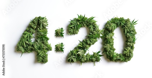 Numbers 4:20 made of cannabis buds and marijuana leaves isolated on white background. 4 April weed day. Happy 420 Day concept