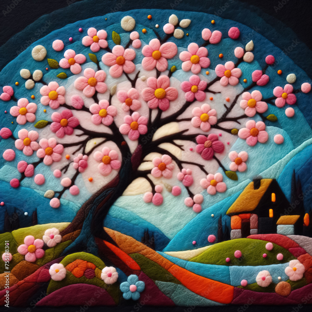 felt art patchwork, landscape of a serene cherry blossom in full bloom