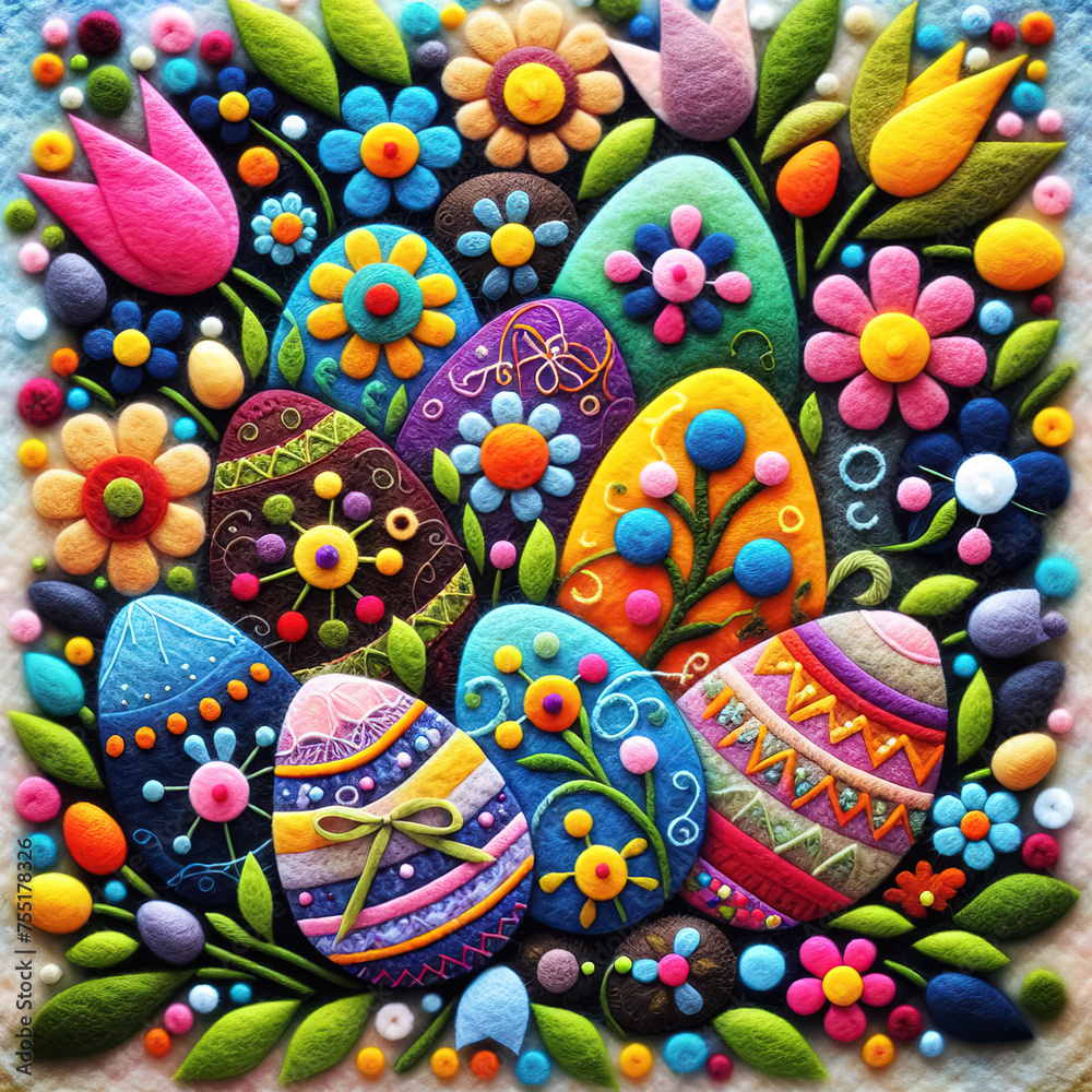 Felt art patchwork, Easter eggs with spring flowers, colorful holiday Felt art patchwork, Easter eggs with spring flowers, colorful holiday