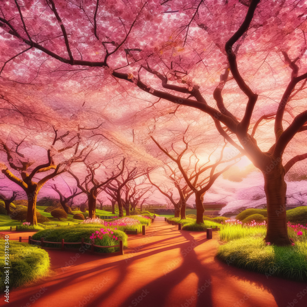 A serene cherry blossom park in full bloom A serene cherry blossom park in full bloom