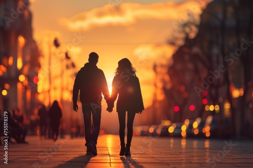 a young couple walks through the evening city. close relationship concept. copy space 