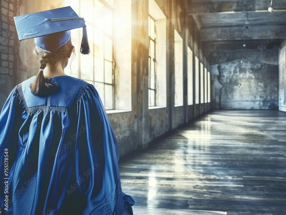 A woman in a blue graduation gown stands in a large, empty room