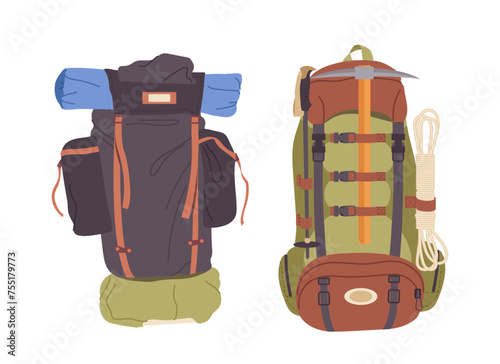 Travel luggage with backpacker supplies leisure activity in nature and mountain climbing set